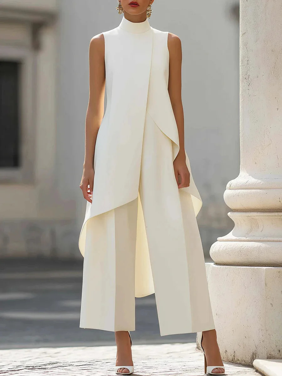 Womens Matching Sets 2026 Summer Fashion Sleeveslee Ensemble 2 Piece Woman Elegant Irregular n Straight Pants Simple Style 260625