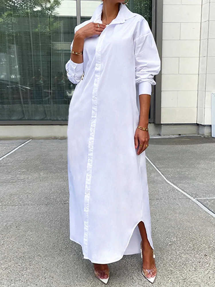 Women Autumn Long Dress Female Trendy Casual Loose Solid Color Long Sve Lapel Button Down Shirt Dress Ladies Streetwear L26