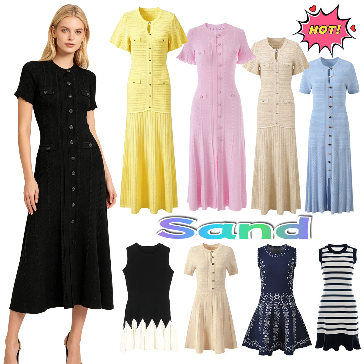 Hot Stamping Diamond Hollow Out Bubble Sleeve Luxury Designer Sandros Women Knitted Bodycon Party Dress V Neck Slim Fit