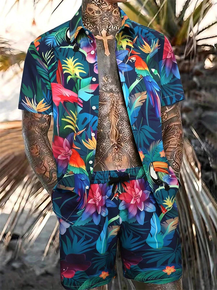 Mens Hawaiian Short-Sleeved Shirt Shorts Set Summer Daily Travel Shirt Beach Casual Drawstring Shorts Jungle Print Set 260622