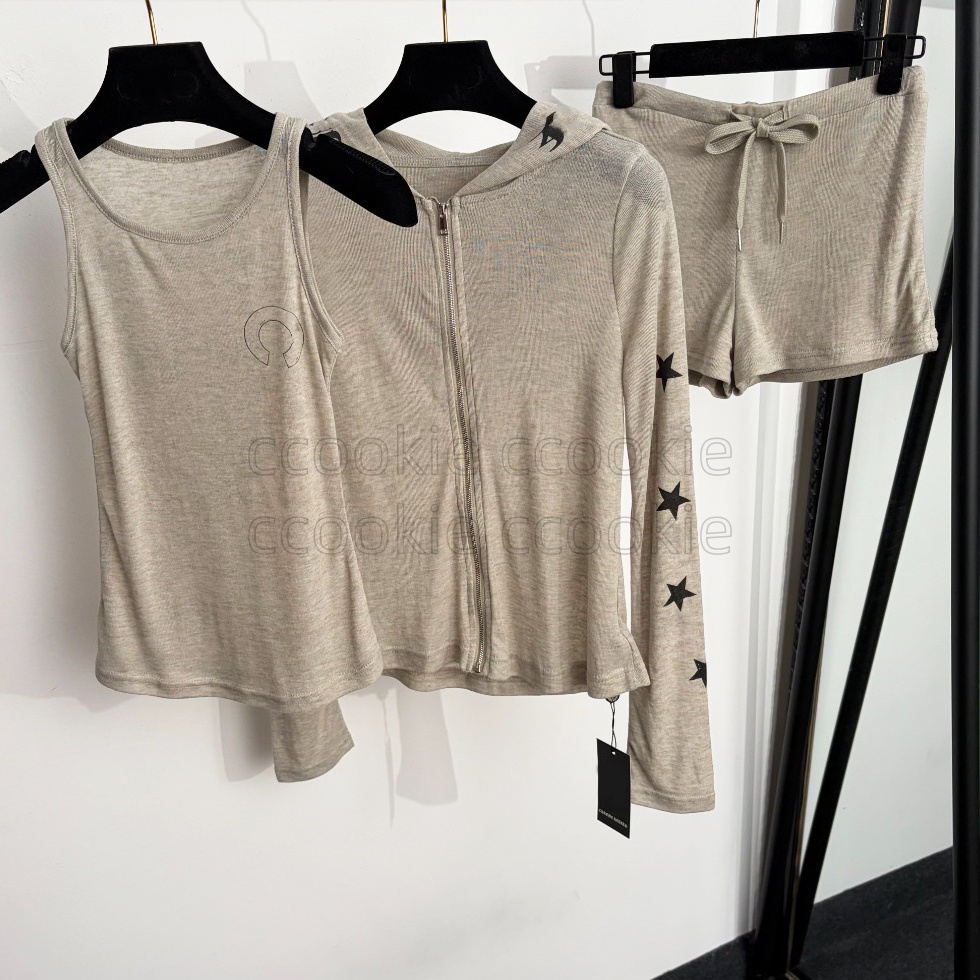 2026 hot designer women five pointed star printed long sleeved cardigan Tank top and shorts three piece suit fashion woman sexy street style set