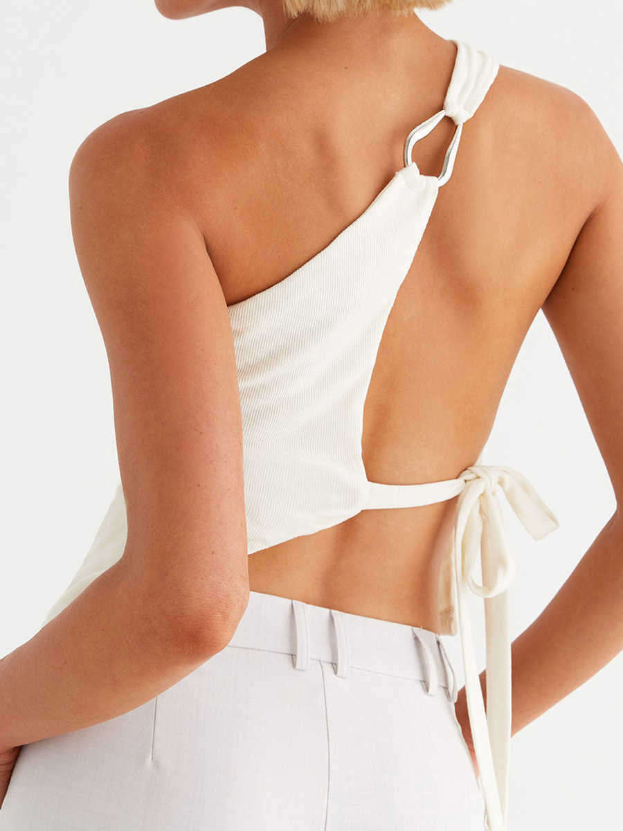 Women Off One Shoulder Tank Tops Solid Color Stylish Side Tie Design Vest Summer Fashion Streetwear L26