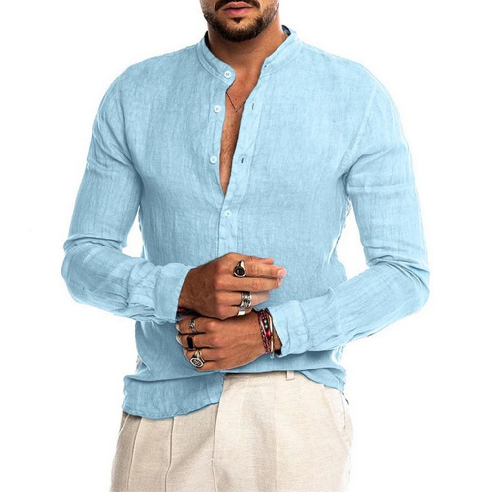 Cotton Linen Mens Long-Sleeved Shirts Summer Solid Color Stand-Up Collar Casual Beach Style Plus Size 260623