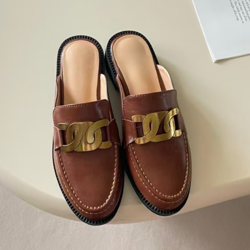 2026 new hot selling designer toe half slippers women's new retro metal collar buckle round toe flat shoes fashionable casual shoes