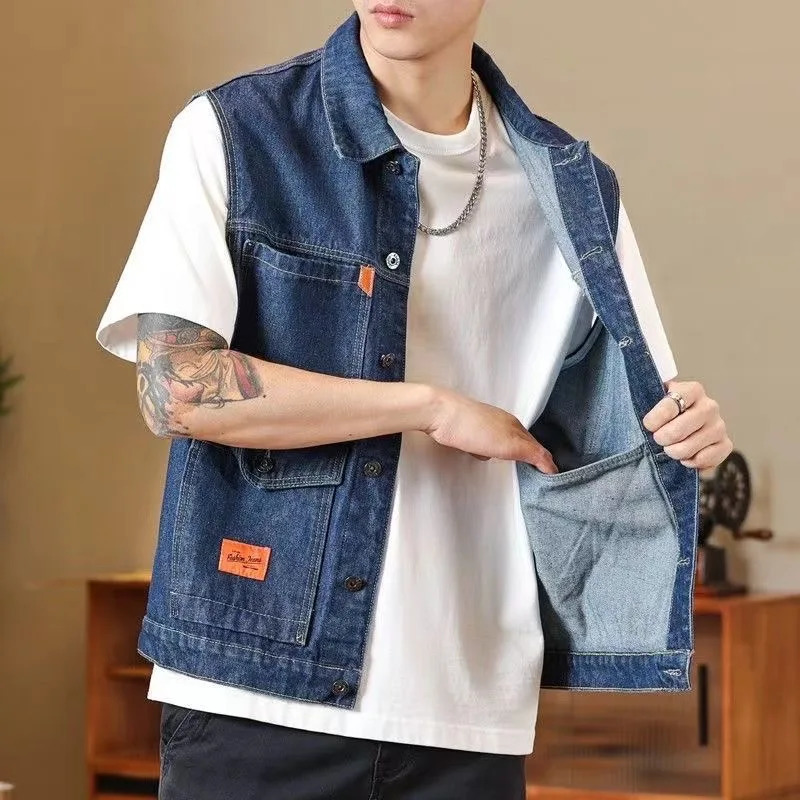 Vintage Denim Vest Coat Multiple Pockets Sleeveless Cargo Jackets Spring Autumn Fashion Loose Waistcoat Cowboy Tank Tops 260623banjia