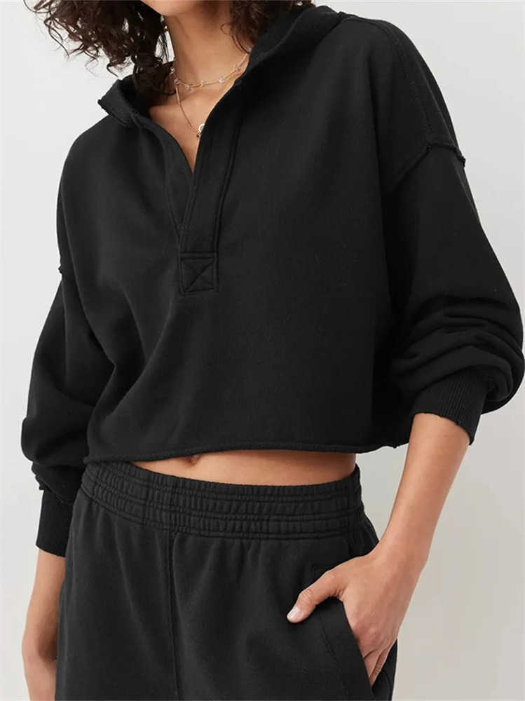 Womens Spring Autumn Hooded Sweatshirt Long Sve Solid Color V Neck Crop Hoodie L26