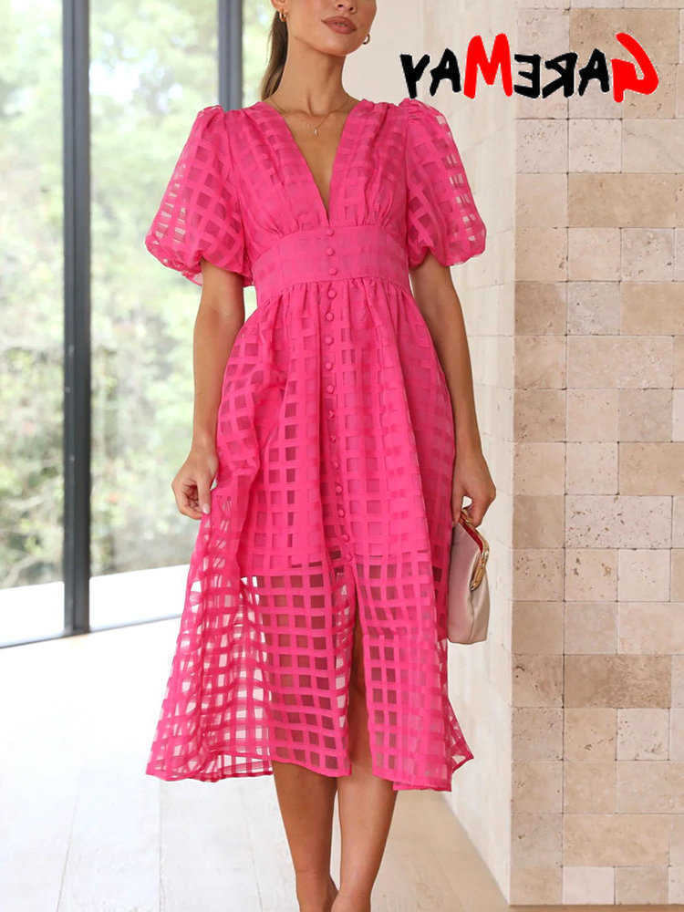 Summer Womens Dress 2025 V Neck Sexy Midi Vintage Transparent Dress A-line Puff Sve Split Party Elegant Dresses for Women L26