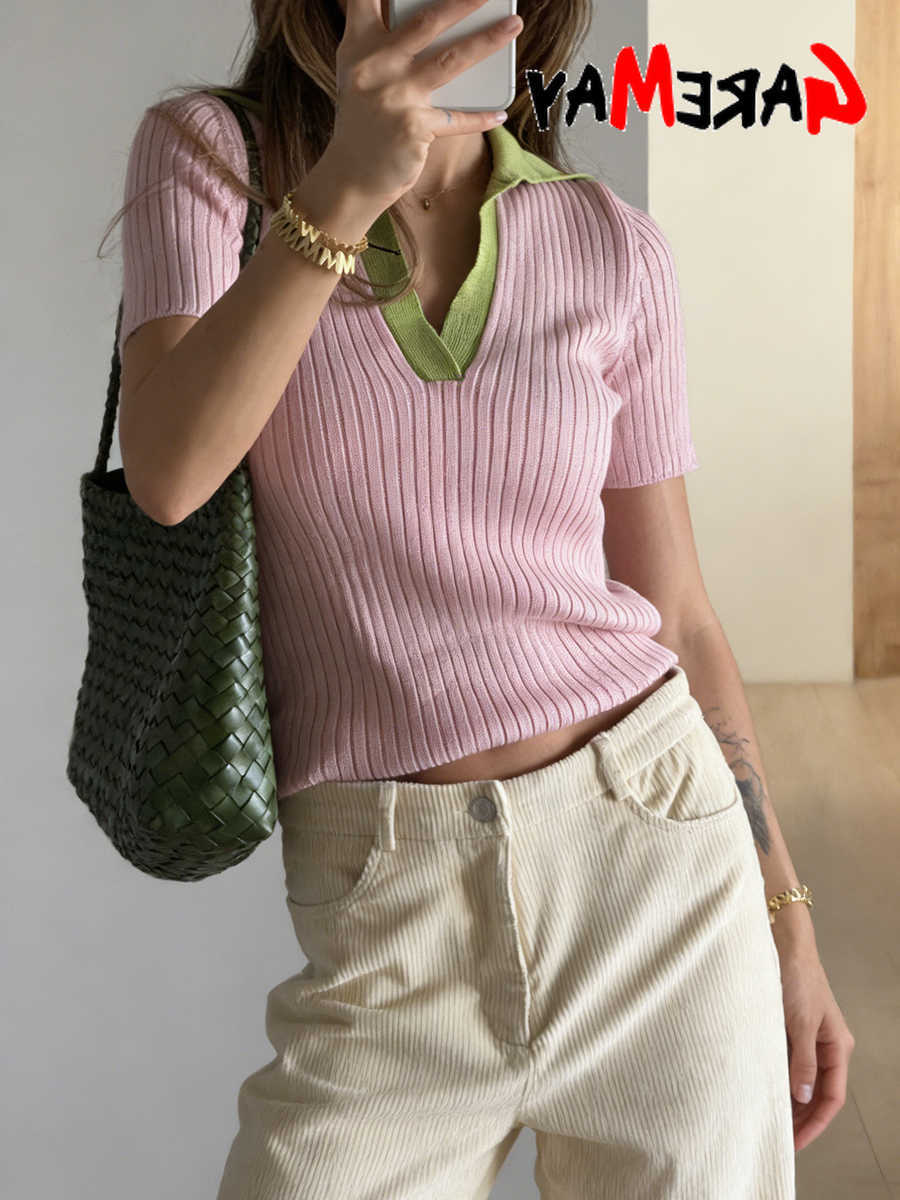 Elegant Womens Knitted T-shirt Yellow Short Sve Polo Shirt 100 Cotton Women Summer Top Y2k Basic Pink T-shirt for Women L26