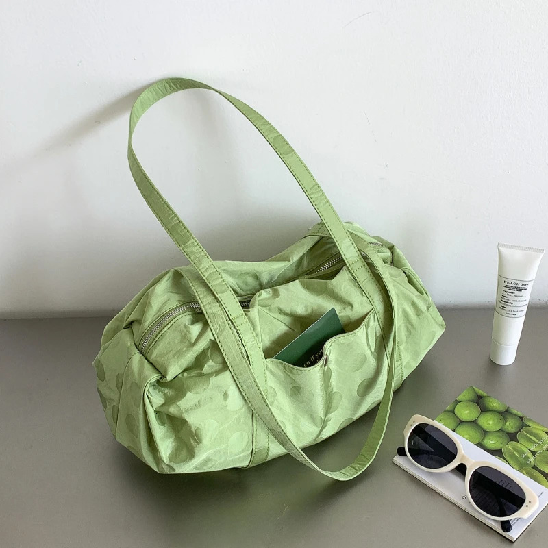 Korean Style Nylon Dot Foldable Tote Shoulder Bag Large Capacity Lightweight Casual Polka Dot Commute Tote Bag for Women 260623