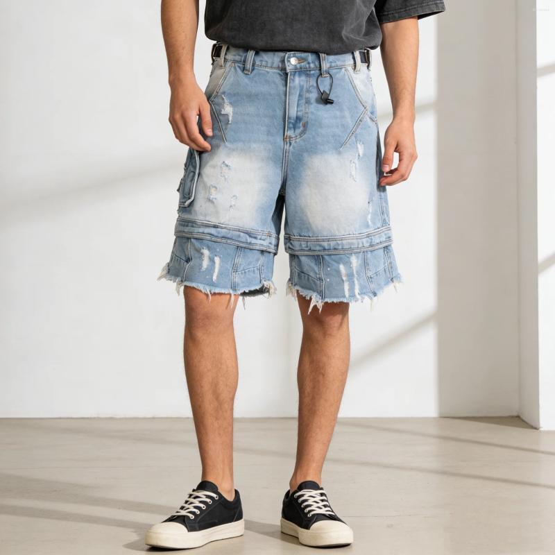 Men's Shorts Distressed Denim Cargo Side Pocket Layered Frayed Hem Streetwear Vintage Washed Damaged Ripped Jean Baggy