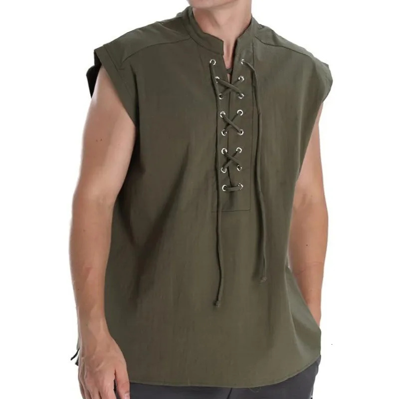 Mens Vintage Solid Color Tank Top 2026 Summer Linen Casual Sleeveless TShirt Men Fashion Lace Up Loose 260623