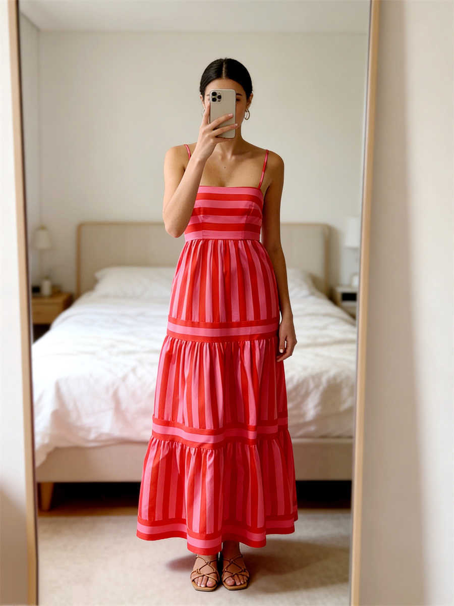Womens Striped Print Dress Sveless Spaghetti Strap Square Neck Tiered Long Dress for Holiday Casual Boho Sundress L26