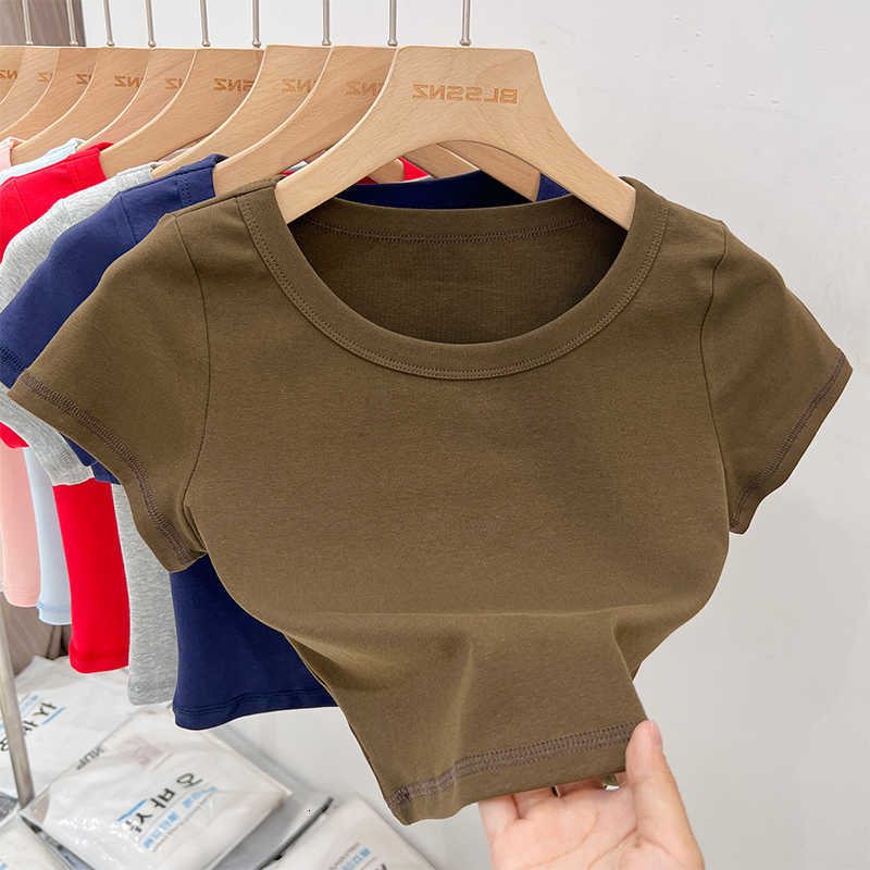 Basic AOSSVIAO Sexy 2026 Summer Crop Top Women Short Sleeve T-shirts Casual O Neck Solid Slim Tee Simple T Shirt Female Y2K Tops M260623