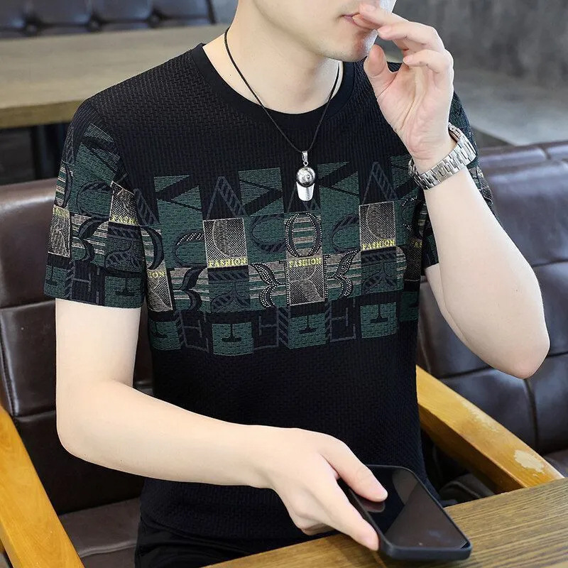 Men's Summer New Thin Ice Silk Short-Sleeve T-Shirt, Quick-Dry, Printed, Trendy, Loose Fit, Round Neck, Casual Half-Sleeve T-Shirt