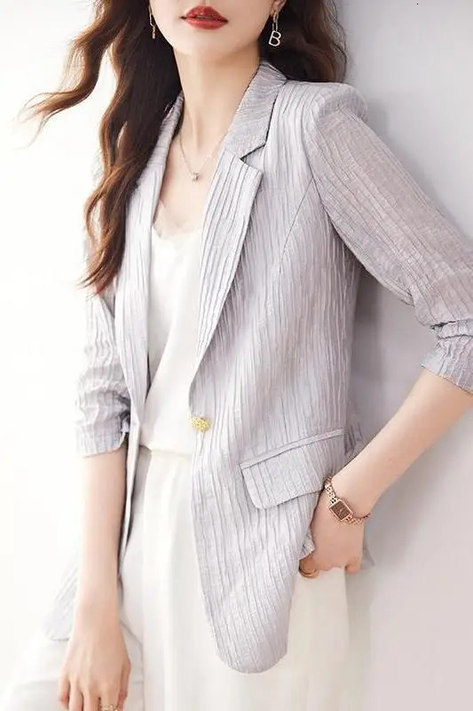 Womens Lightweight Lyocell Linen Blazer Summer Cropped Sleeve Slim Fit Chic Casual Jacket Thin Breathable Suit Coat 260625