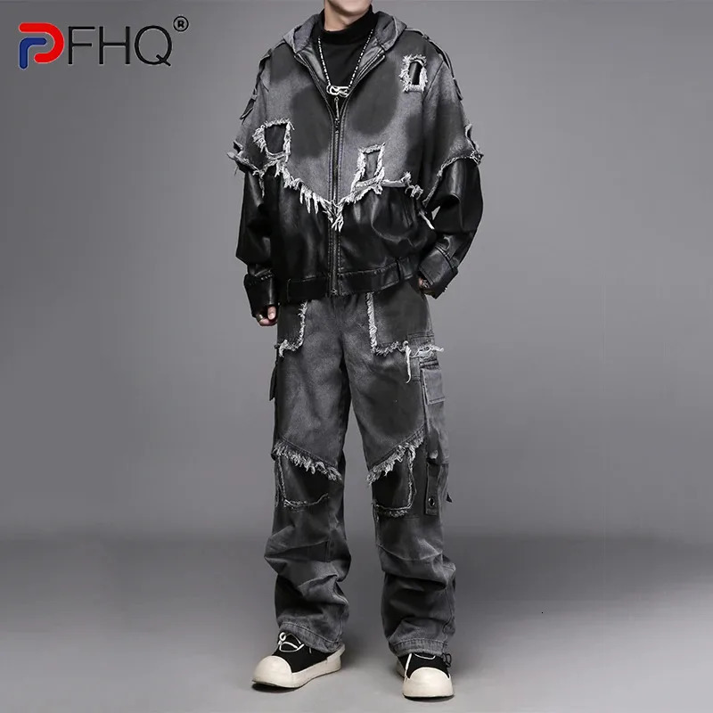 PFHQ Dark Style Mens Sets Vintage Washed Denim Hooded Jacket Color Block Patchwork Trendy Loose Casual Trousers 21P1781 260623banjia