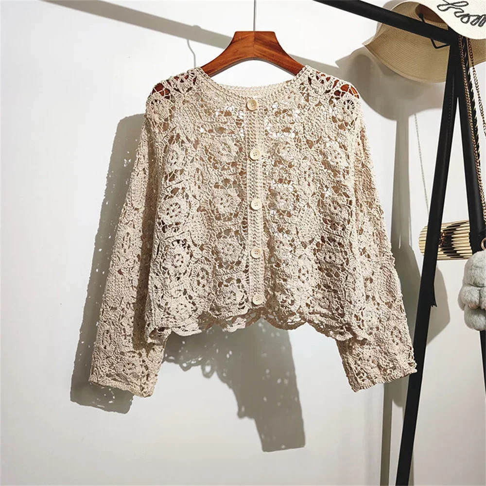 Lace Small Shawl Cotton Cardigan female spring and summer o neck long sleeve solid casual Hollow Female 260623