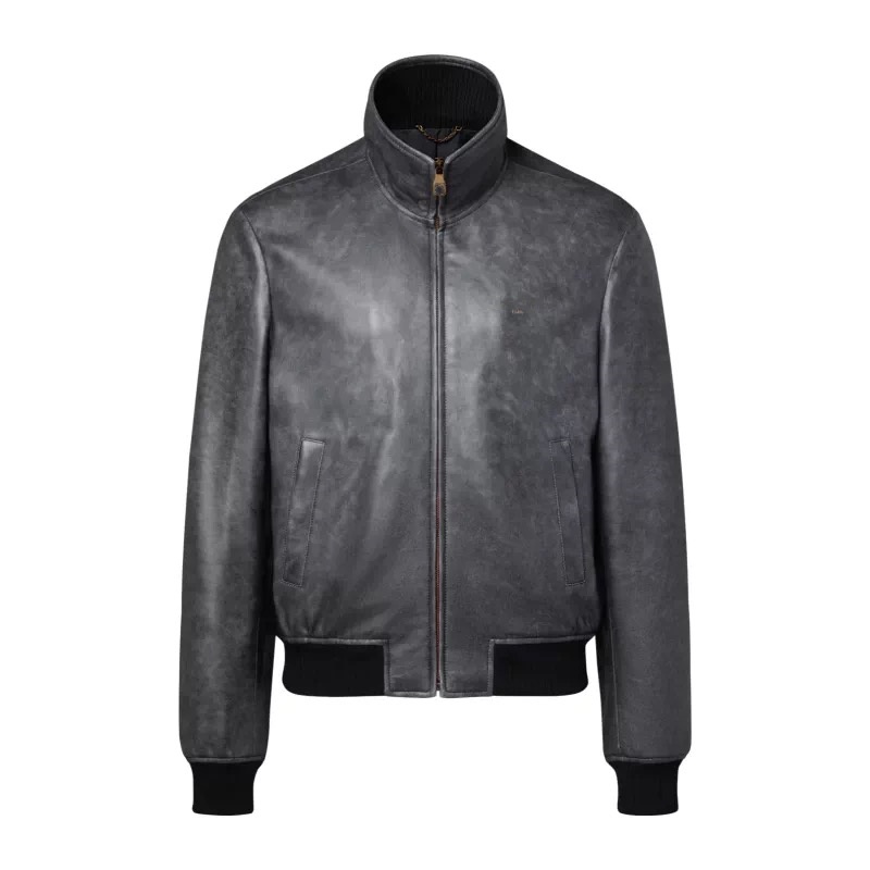 Retro men's leather jacket, worn-out gray leather flight jacket, zipper stand up collar, ribbed border, casual windproof jacket, women's d
