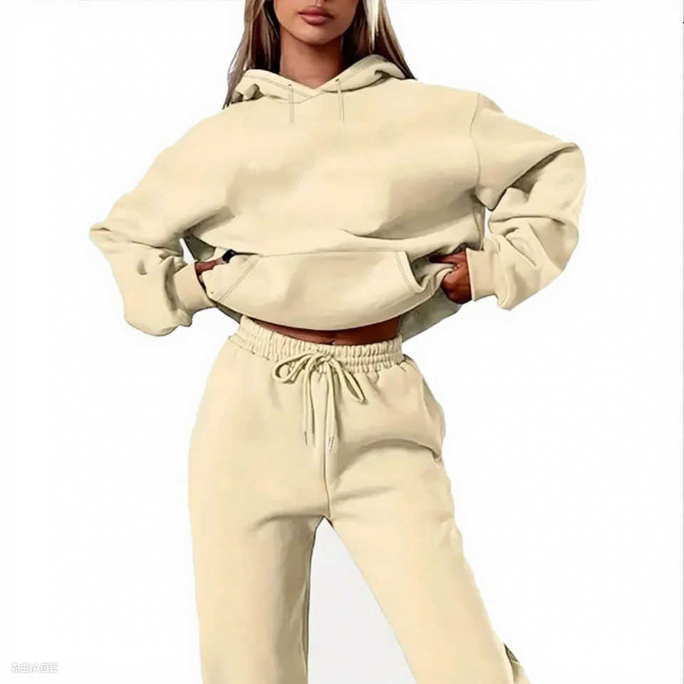 Winter Tracksuit Women Two Piece Set - Oversized Hoodie Sweatpants Solid Color Sportswear Suit Casual Sweatshirt Trouser Set L26
