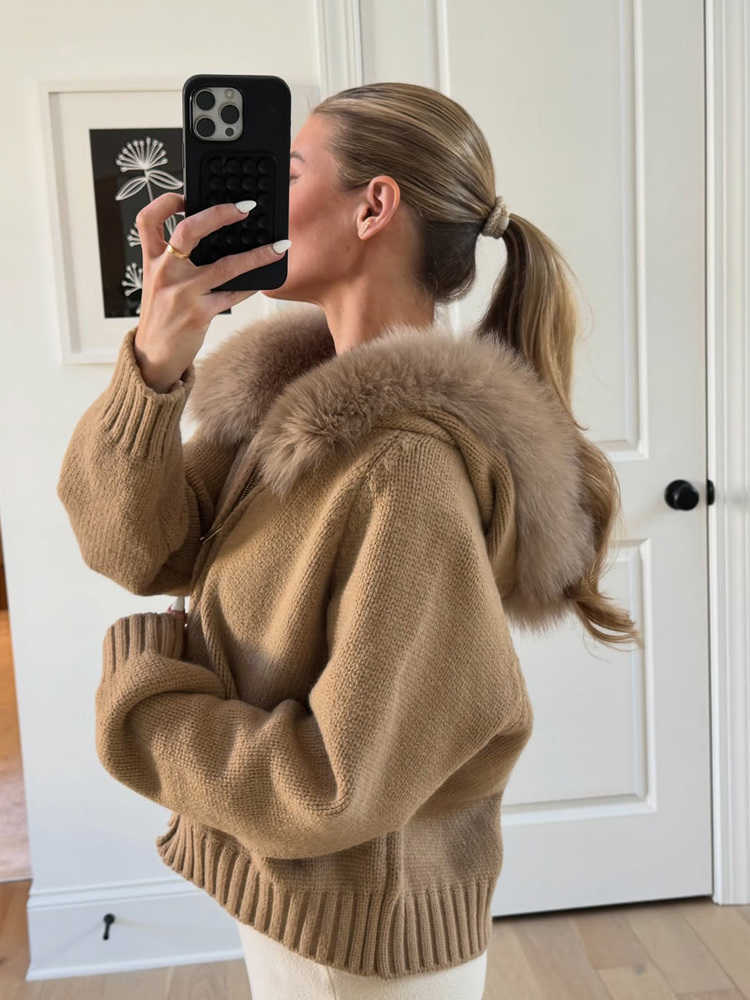 Tossy Winter Female Sweater Hoodie Cardigan Fluffy Zipper Patchwork Long Sve Ribbed Solid Knit jacket Coat Womens Cardigan L26