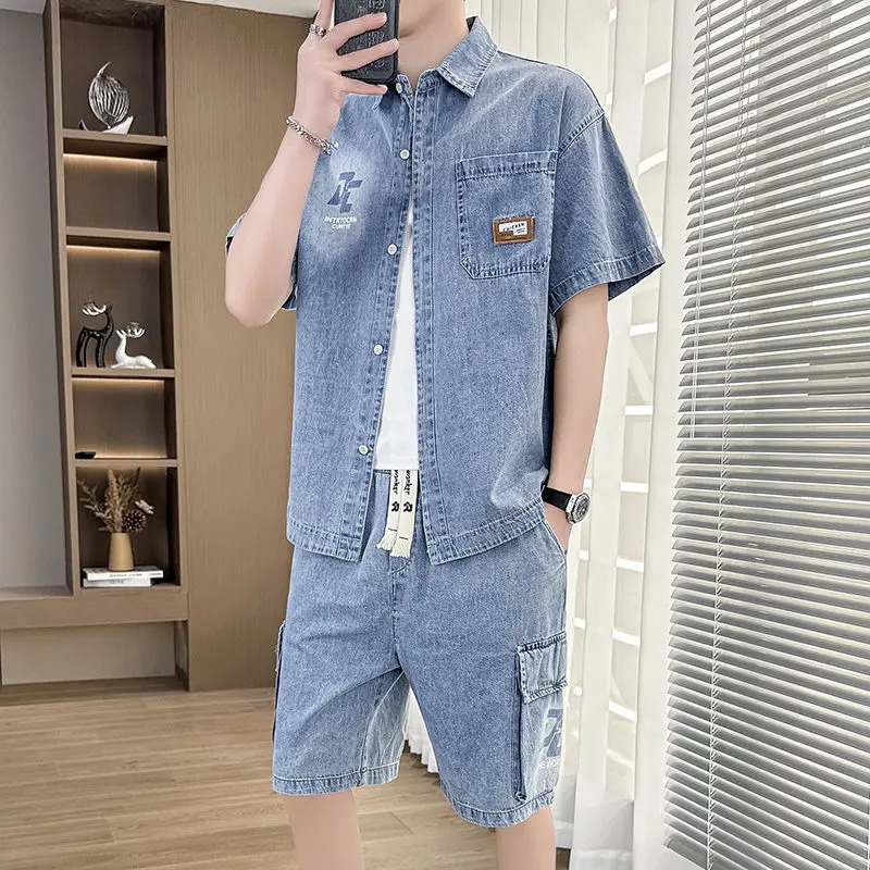 Summer Denim Shortsleeved Shirt Fivepoint Pant Mens Loose Casual High Street Personality Outer Shirts Shorts Set Male Clothes 260623banjia