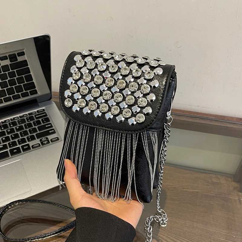 Tassel Shoulder Bag Solid Color Pu Leather Lady Bag 2024 Luxury Studded Diamond Handbag Fashion Mini Small Crossbody Phone Bag X260623