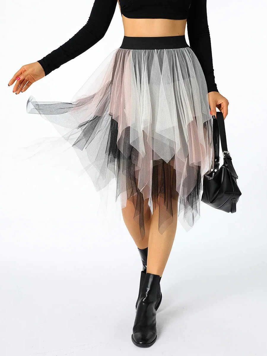 Womens Irregular Tulle Long Skirts Elastic High Waist Layered Mesh Tutu A-line Skirts Bohemian Korean Fashion Y2K Skirts L26