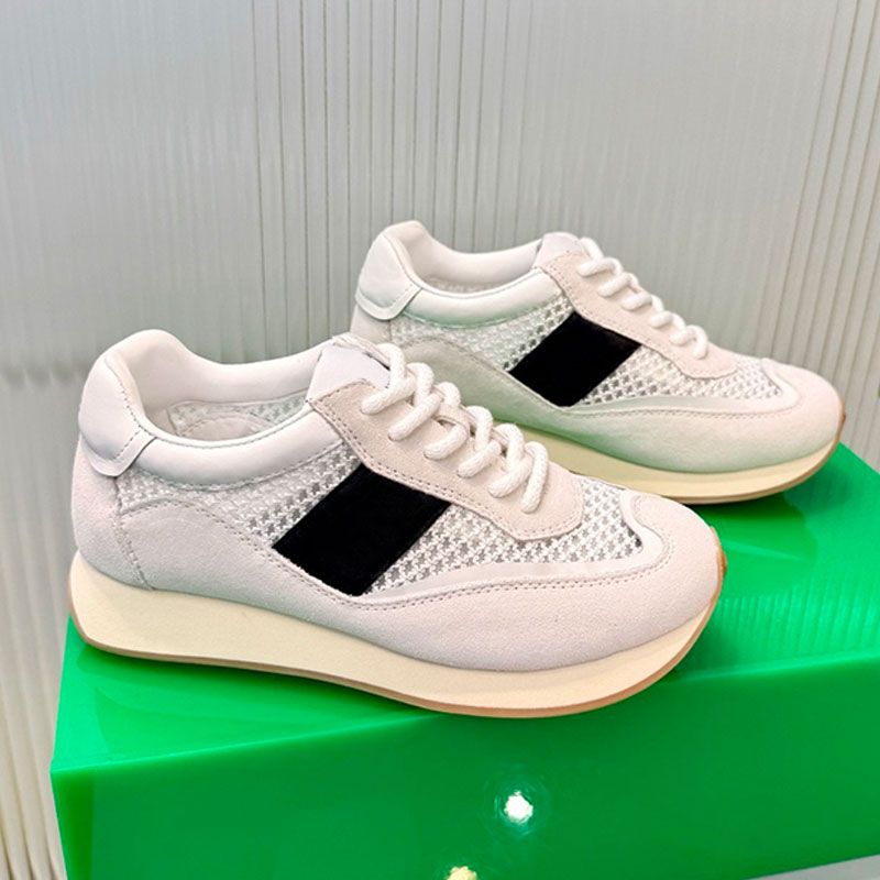 Womens Mesh Suede Trainer Sneakers Breathable Hollow Mesh Panel Low Top Lace Up Suede Calfskin Sneakers Luxury Logo Flat Sole Casual Shoes