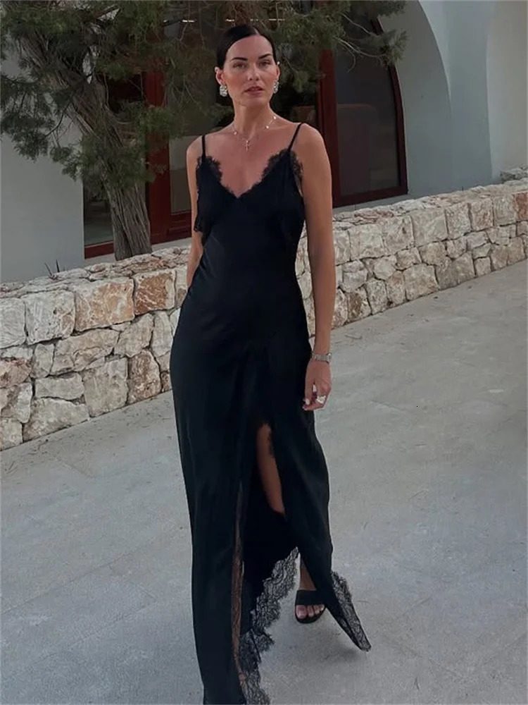 Tossy Black Lace Printed Long Dress For Women V-Neck Backless Slim Patchwork Spaghetti Party Dress Female Summer Bodycon Dress 260622