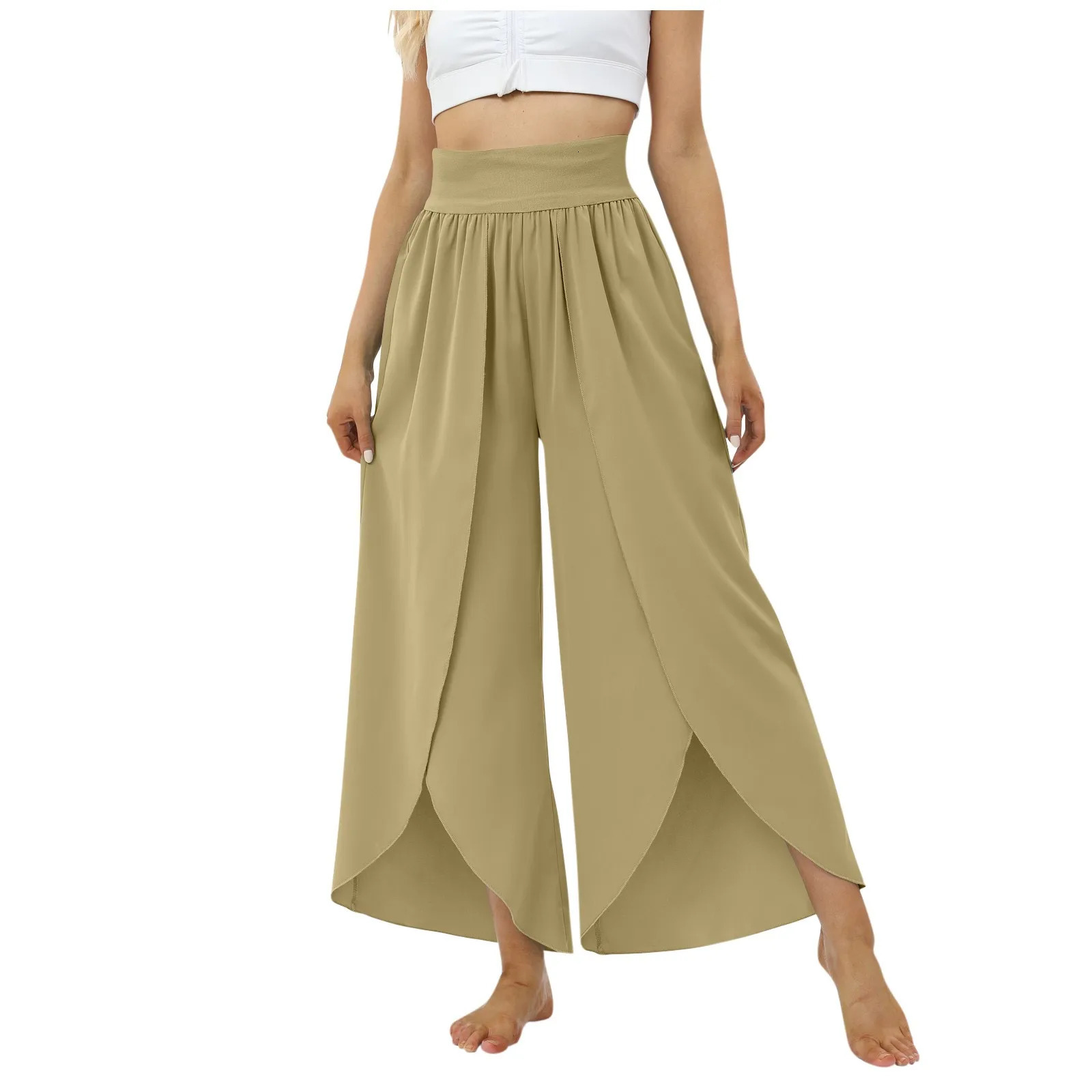 Ladies Elastic Waist Solid Color Casual Irregular Trousers Fashion Korean Version High Loose Wide Leg Long Pants 260623banjia