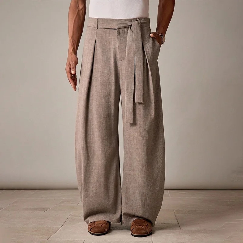 WHXR Men Trousers Loose Mid Waist Breathable Male Suit Pant Vintage Pleated Straight Drawstring Business Casual Man 260618
