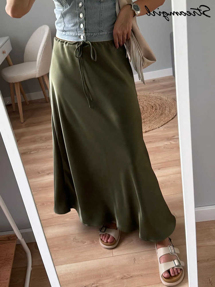 Champagne Long Skirts For Women Elegant 2025 Satin Skirt Long Beige A Line Tie Up Army Green Maxi Skirts For Women Autumn L26