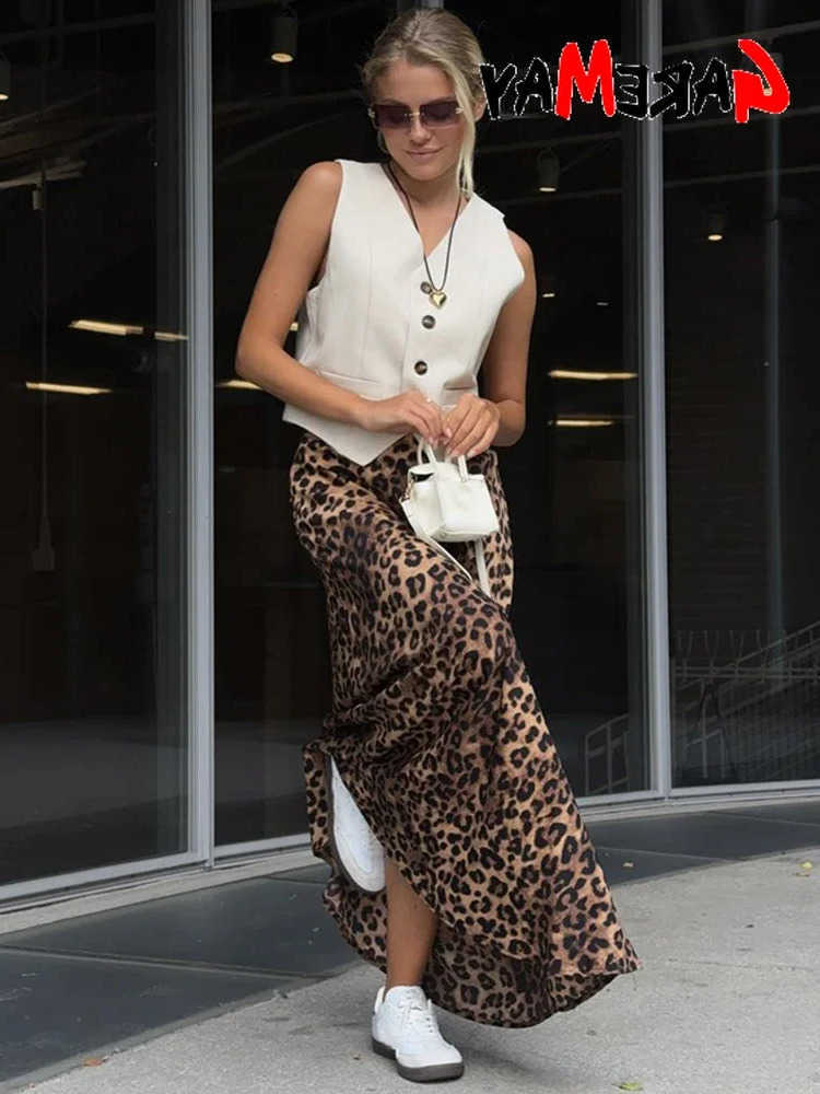 Leopard Print Maxi Skirt A-line Womens Summer Skirt Satin Long High-waisted Elegant Vintage Slim Office Silk Skirts 2025 L26