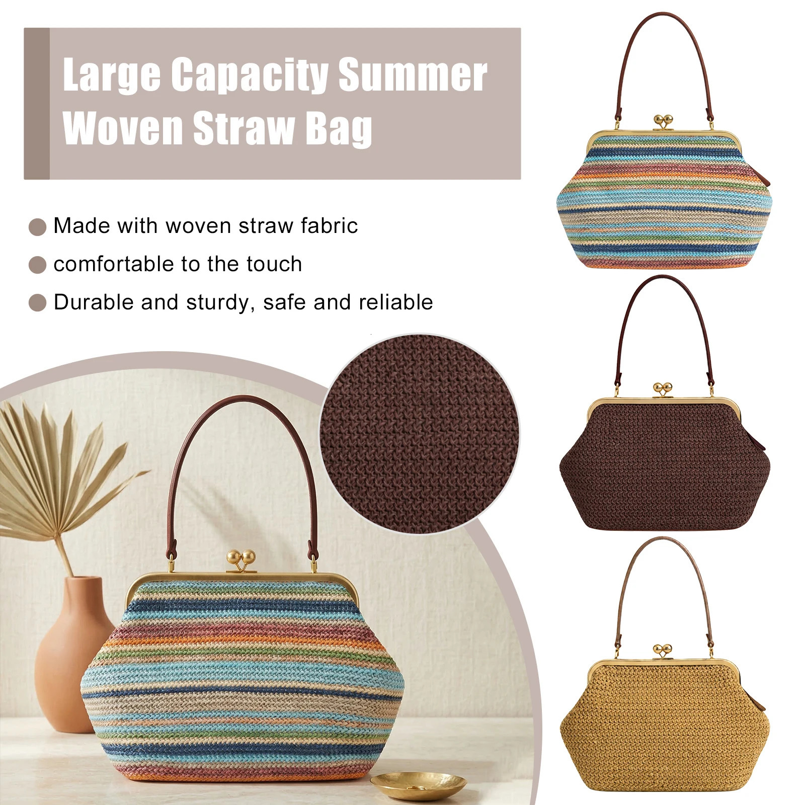 Fashion Large Striped Clip Shell Clucth Bag for Women ner PP Straw Handbags y Summer Beach Woven Shoulder Bag Vacation 260623