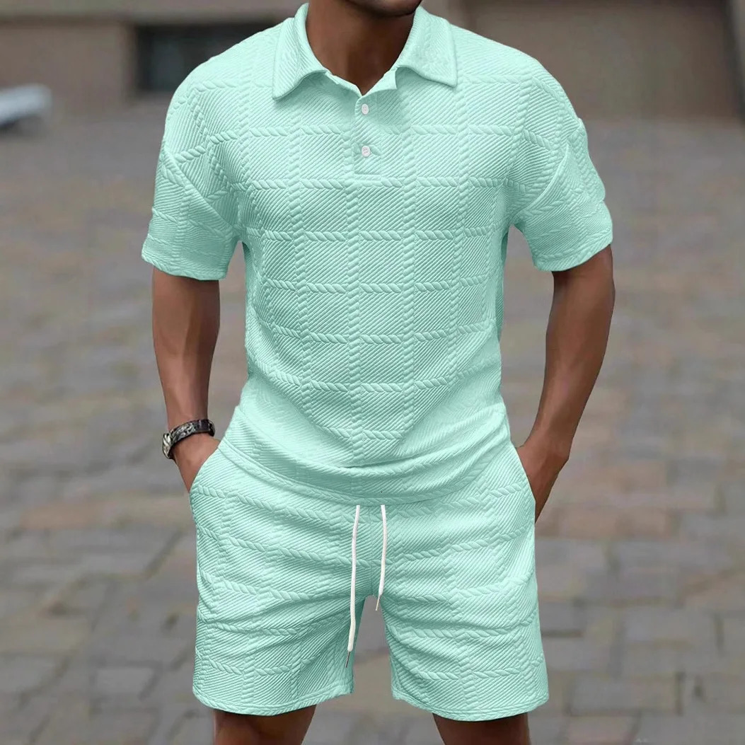 2026Summer Male Casual Two Pieces Suits Vintage Polo Neck Short Sleeve Tops And Shorts Mens Sets Fashion Plaid Textured Outfits 260623