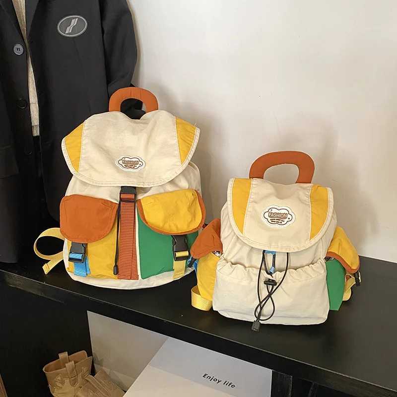 New Color Matching 2 Sizes Parent-Child Bags Korean Style Large Capacity Drawstring Schoolbag Nylon Multi-Pocket Kids BackpackT260623
