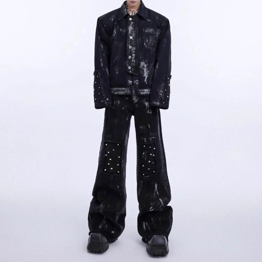 Mens Metal Rivet Denim Jacket Micro Flared Washed Jeans Streetwear Fashion Youth Trend Punk Band Casual sets MenS Clothing 2024 260623banjia