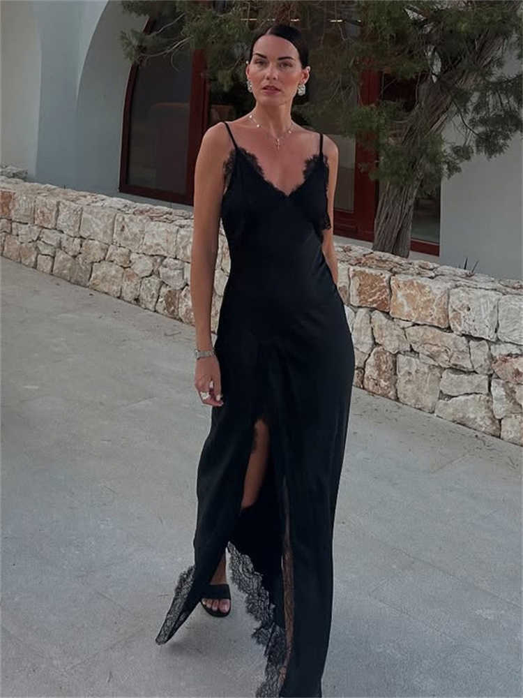 Tossy Black Lace Printed Long Dress For Women V-Neck Backless Slim Patchwork Spaghetti Party Dress Female Summer Bodycon Dress L26