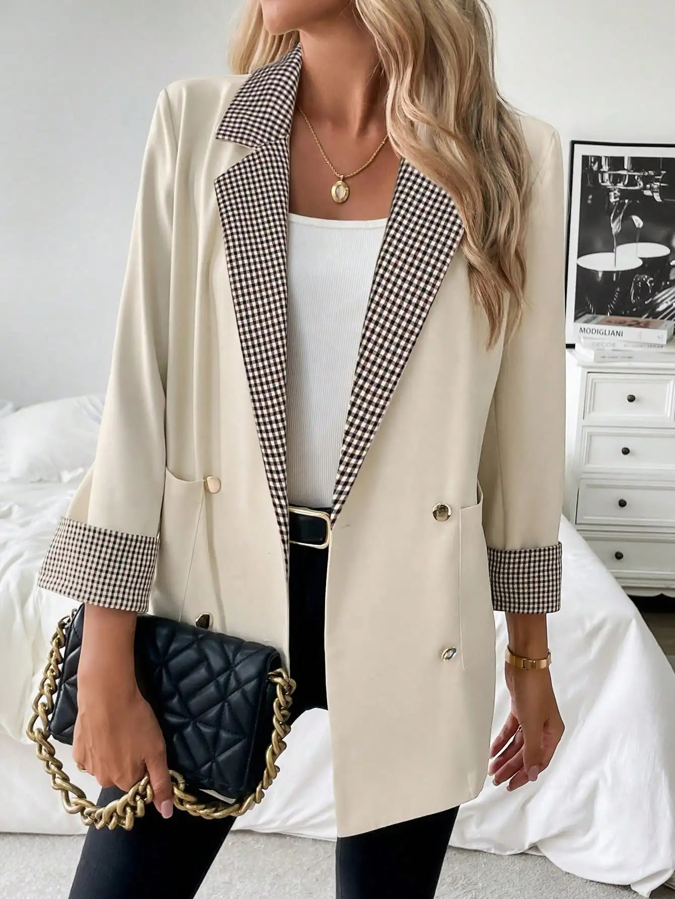 Minimalist Beige Gingham Patchwork Blazer Double Breasted Turn Up Cuff Versatile Office Wear Coat 260625