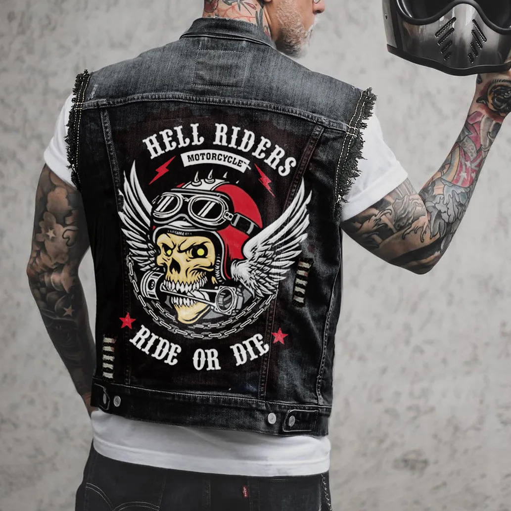 Mens Hell Riders Skull Print Denim Vest Sleeveless Motorcycle Biker Jacket Cotton Hip Hop Punk Cowboy Waistcoat 260623banjia