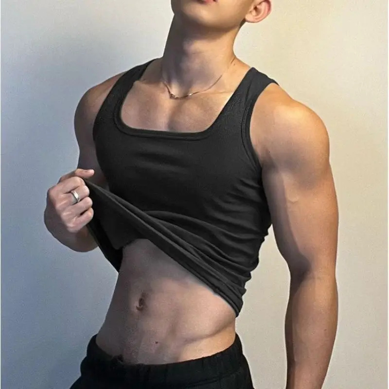 Black White Grey Pure Cotton Mens Tight Vest Basic Tank Tops Square Neckline Sports Shapewear Slimming Body Corset 260618