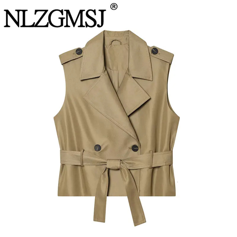 Nlzgmsj 2026 Elegant Womens Sleeveless Belted Vest Jacket Khaki Trench Style Lapel Work Casual Waistcoat 260623
