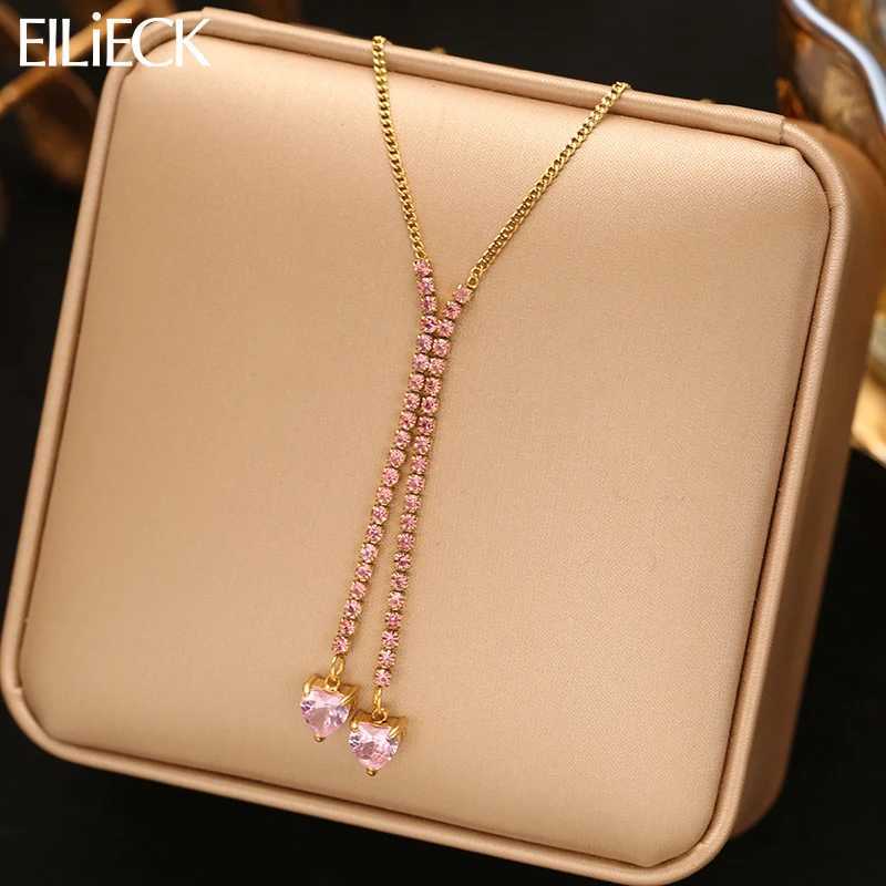 EILIECK Luxury Heart Pink Zircon Long Pendant Necklace Womens 18K Gold PVD Stainless Steel Waterproof Simple Jewelry Gift Q260623