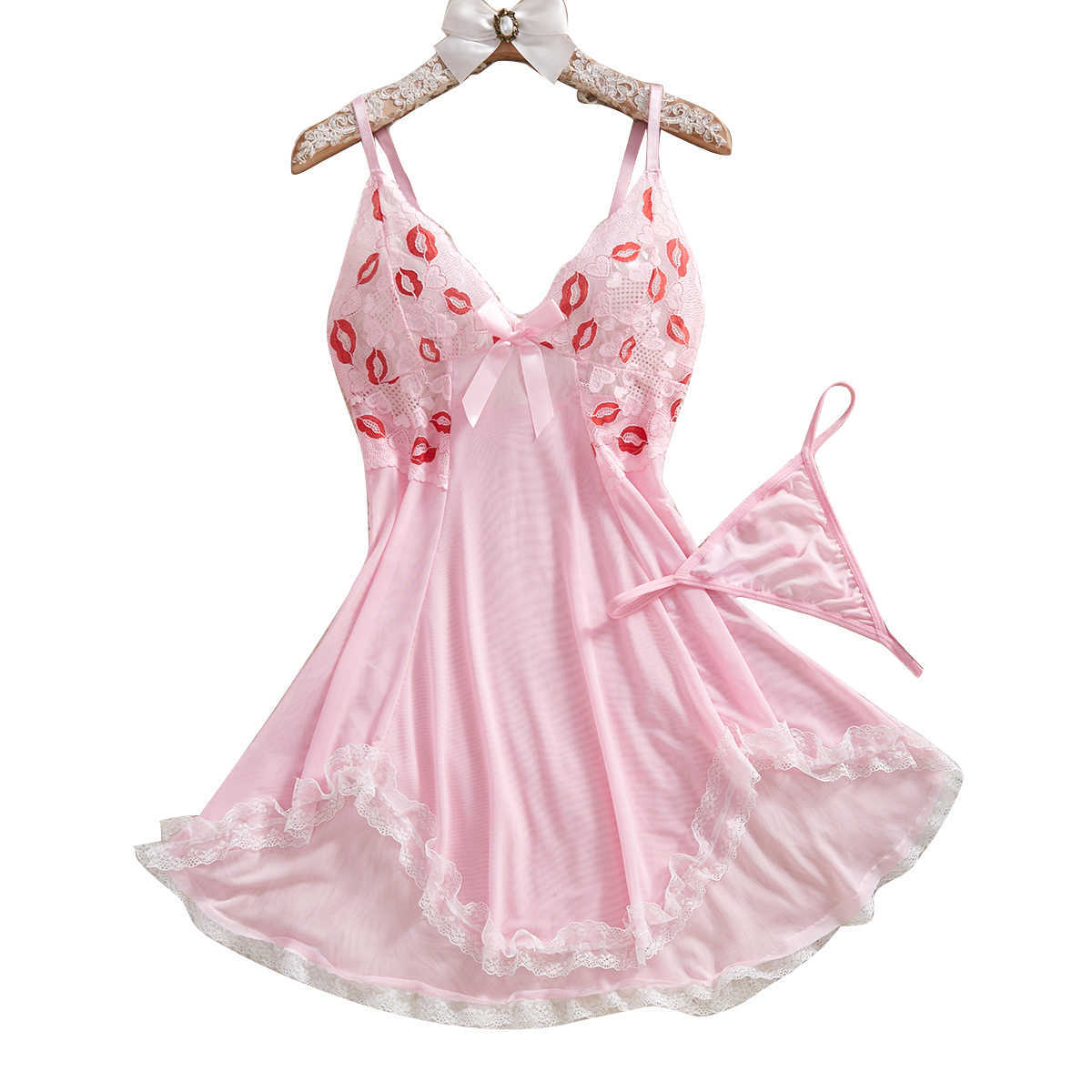 Lips Pink Lingerie sexy Kawaii Babydoll Dress Donna Pizzo See Through Camicia da notte Sleepwear Morbido scollo a V Pigiama erotico con infradito D2