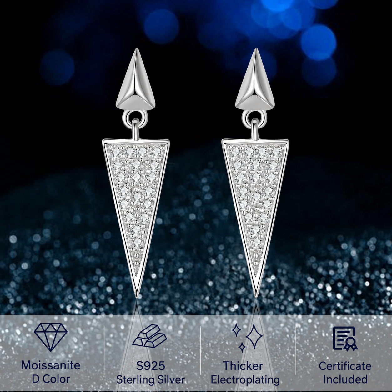 S925 Silver Moissanite Triangle Stud Dangle Earrings for Women Gift D Color Micro Paved Geometric Drop Earring Light Luxury Jewelry