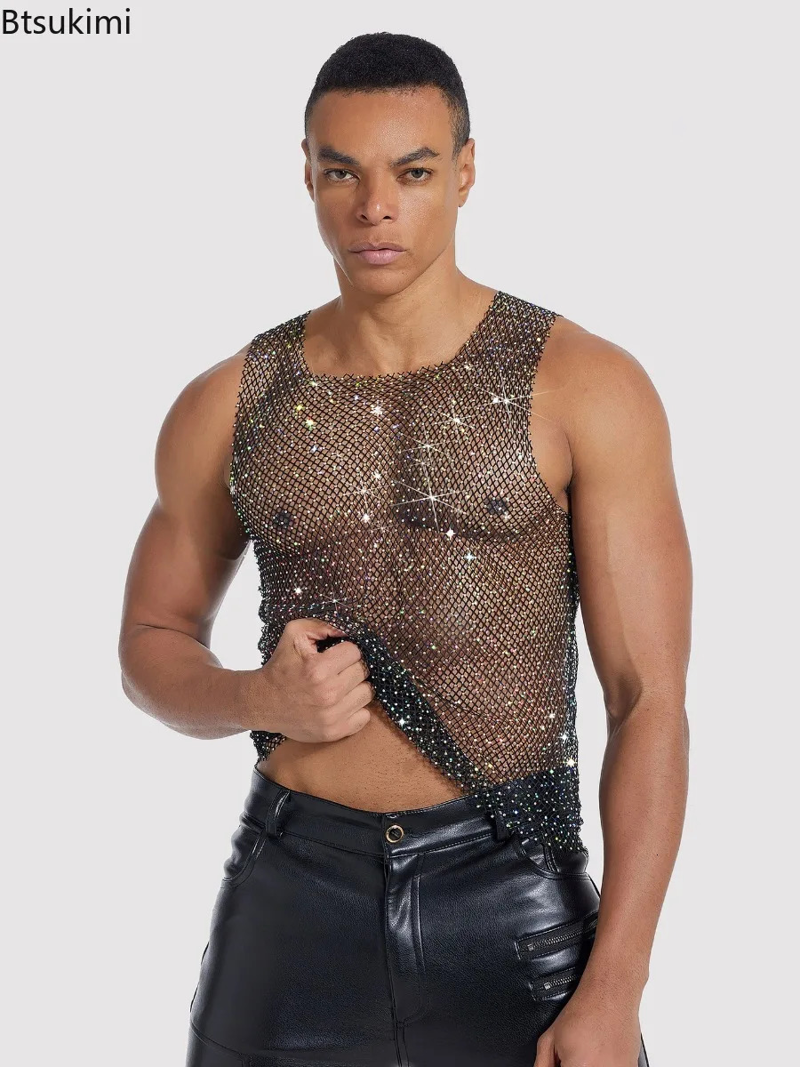 2026 Mens Summer Hollow Mesh Diamond Style Sleeveless TShirt Vest Sexy Fashion Trend Leisure Slim Breathable Tank Tops 260623