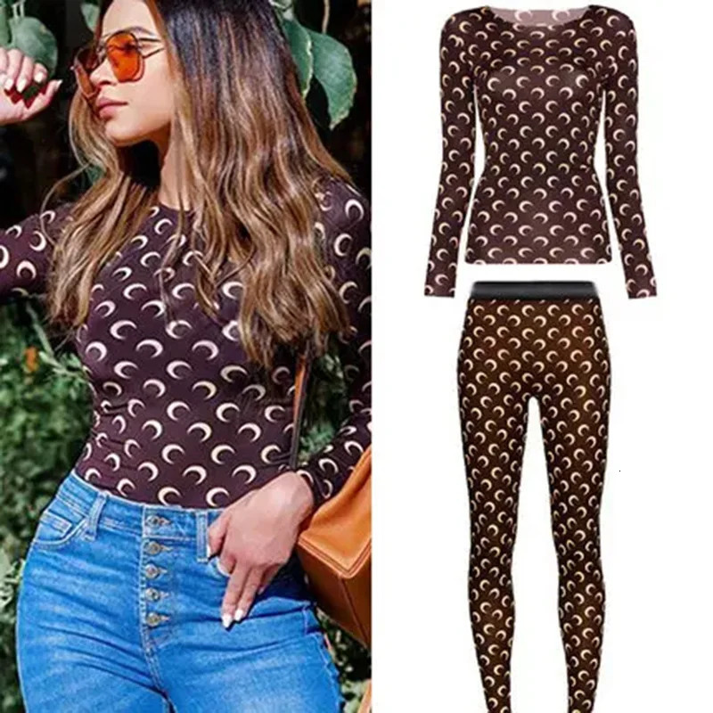 American Retro Womens Two Piece Set Sexy Ice Silk Top and Pants Long Sleeve Moon Print Round Neck Sun Protection Autumn Clothes 260623