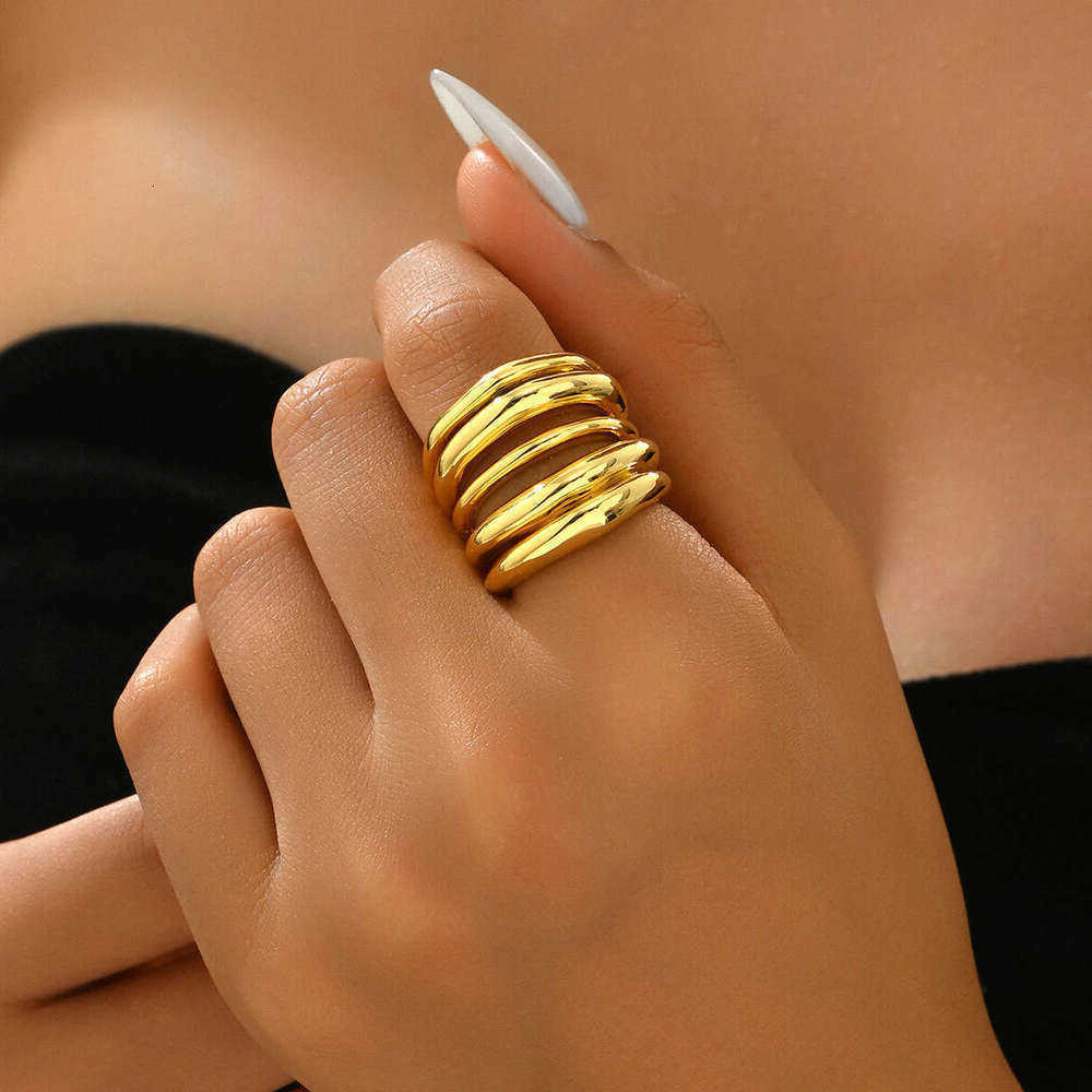 Korean Designer Style Geometric Light Luxury Plain Band Women Unique Multi Layer Line Design Irregular Index Finger RTextured malist Jewelry Gift D2