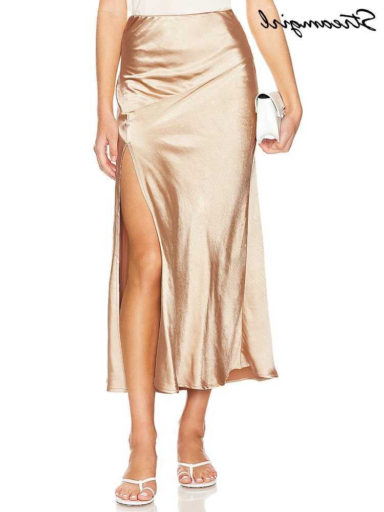 Summer Satin Skirts For Woman Office Maxi A Line Black Silk Skirts With Slit Lady High Waist Women Patchwork Skirt Long Elegant L26