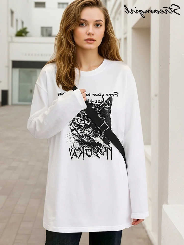 Women T Shirt Cotton 100 Oversized White Long Sve Printed T Shirt Cotton 100 Graphic Tees Long Sve Tshirts Women Spring L26